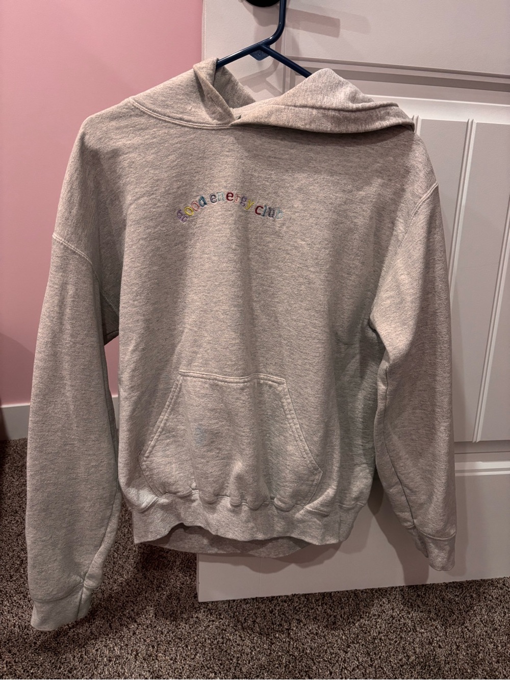 Light Gray Hooded Sweatshirt with Rainbow Text